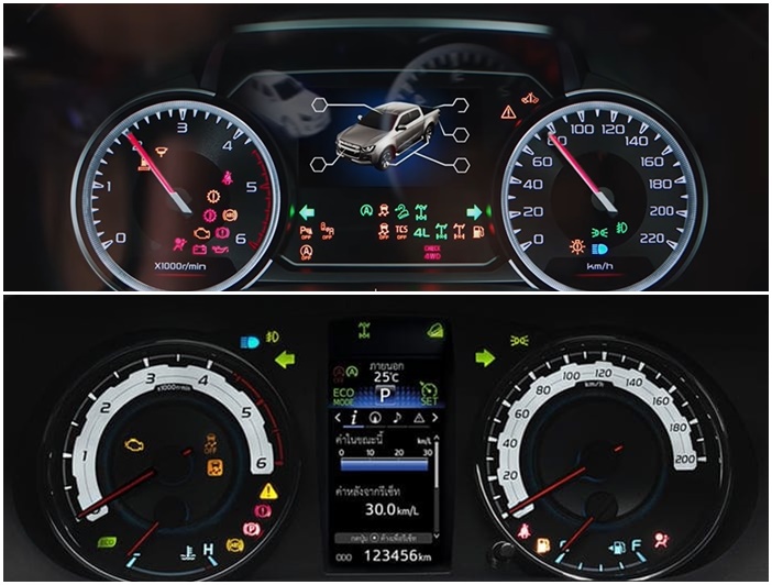 จอสัมผัสของ Toyota Revo Rocco 2019 (ล่าง) และ Isuzu D-Max 2020 (บน)