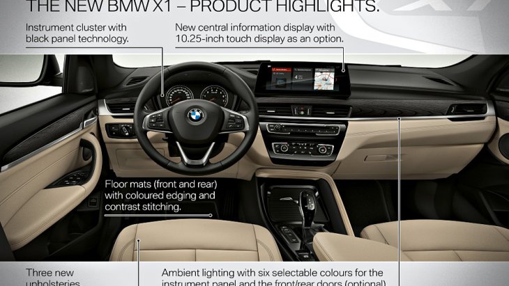 BMW X1 2019 ได้รับการตกแต่งภายในอย่างประณีตด้วยเฉดสีทูโทนดำครีม คอนโซลหน้าตกแต่งด้วยสีดำ พวงมาลัยมัลติฟังก์ชั่นแบบ 3 ก้าน พร้อมปุ่มควบคุมเครื่องเสียงที่พวงมาลัย ระบบปรับอากาศแบบอัตโนมัติ 